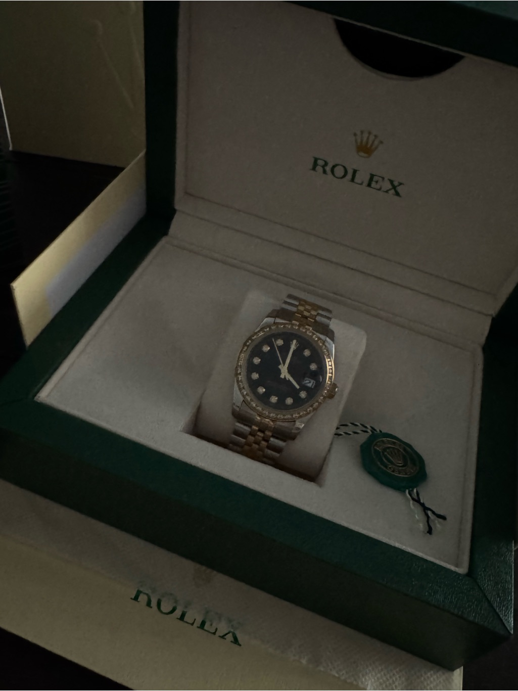 Rolex TwoTone Gold And Silver Mens Watch With Black Dial And Diamond Markers